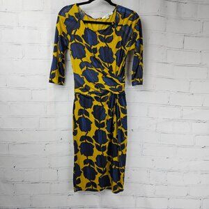 Boden Floral Faux Wrap Dress Womens 6 US *Flaw* Yellow Navy Blue Midi Knee